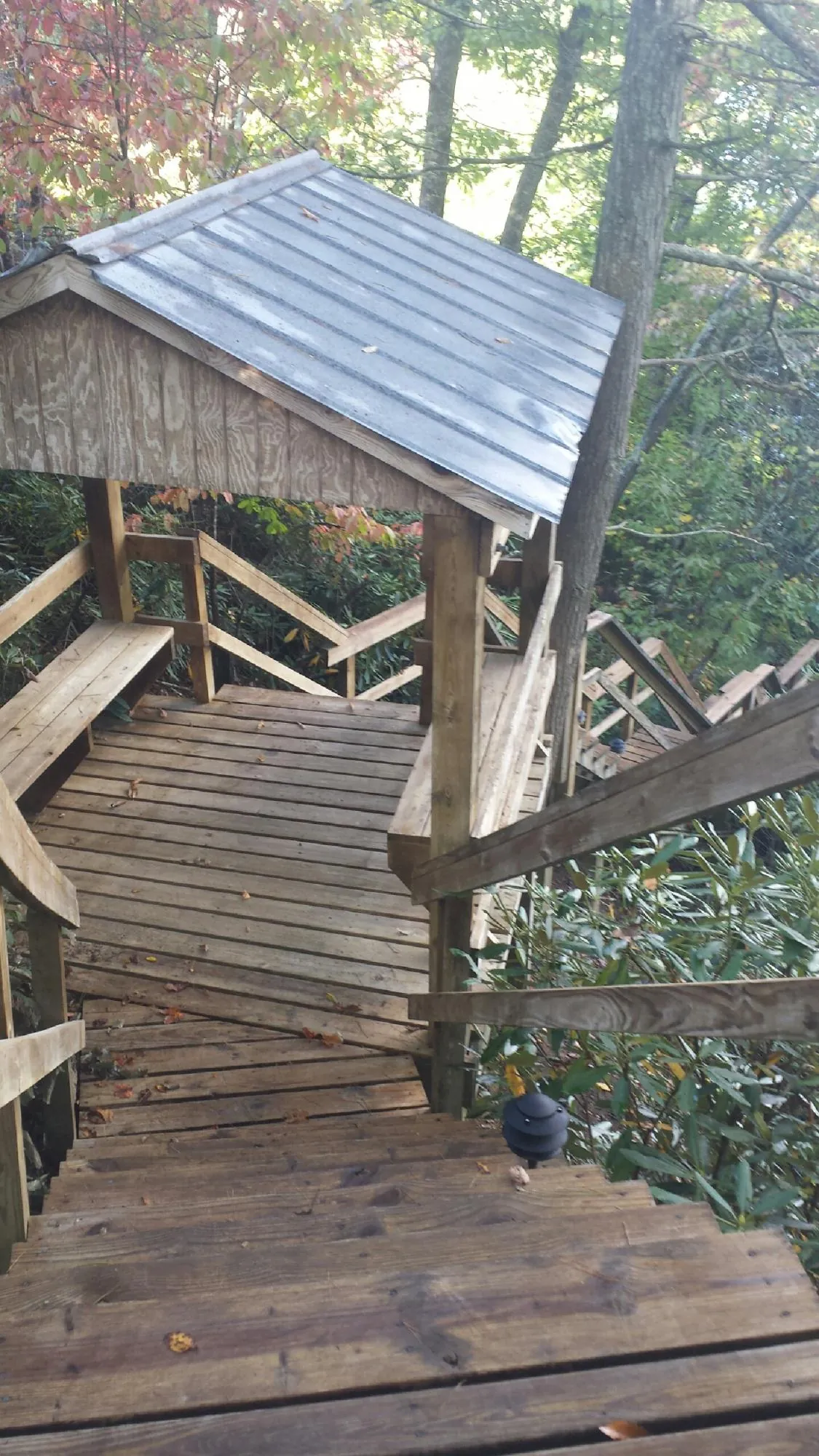 Metal roofed shelter over wooden steps on a wooded walkway — Skylight Repair & Installation work by our crew in Elk Grove Village