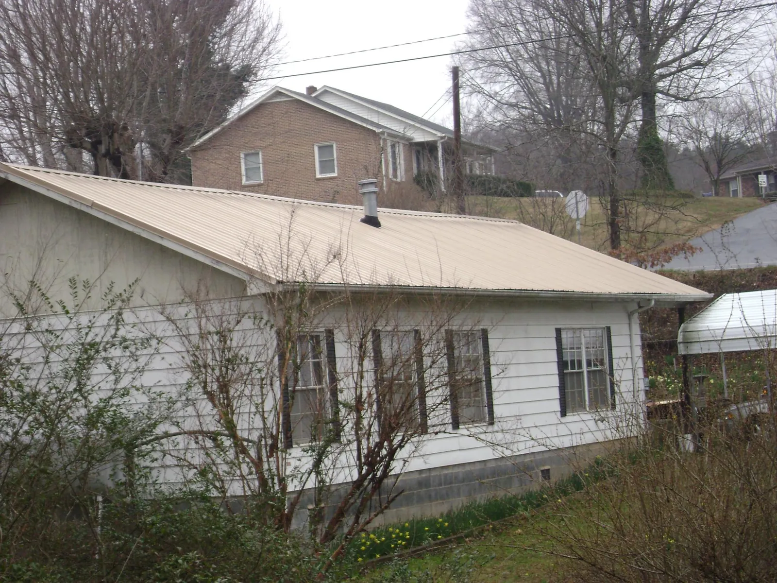 Tan metal roof on a white sided house set into a hillside — Commercial Roofing by Roofing Brothers in Elk Grove Village
